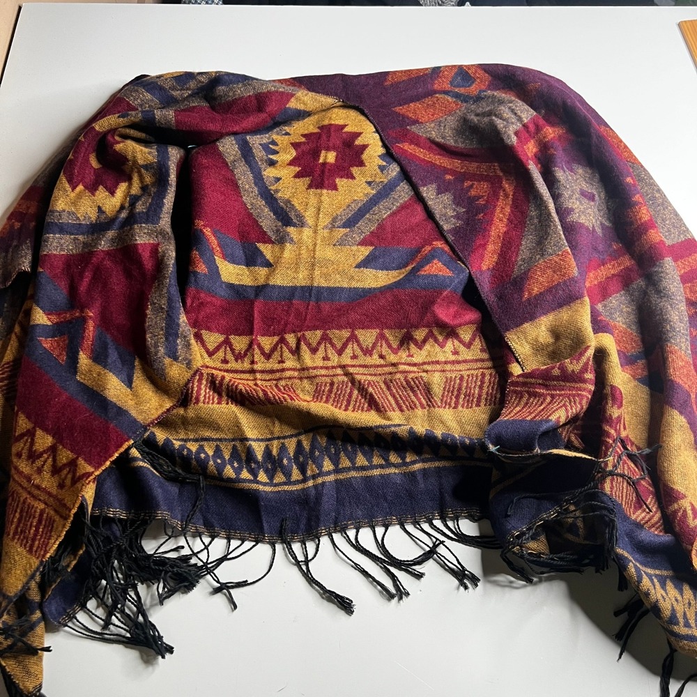 Southwestern Tribal Geometric Pashmina Shawl Wrap Burgundy Mustard Navy Fringe